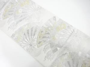 荒波に扇・笹・菊模様織り出し　袋帯